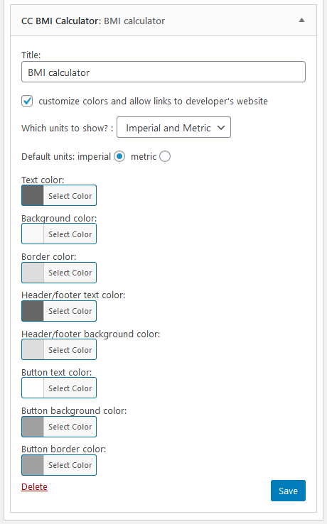 BMI calculator widget advanced options